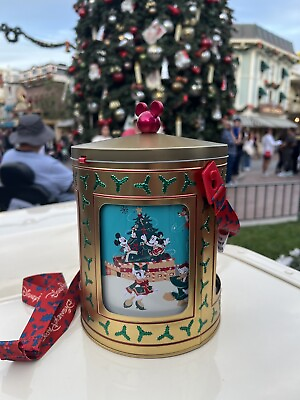#ad Disney Parks Happy Holidays Mickey Gold Musical Rotating Tin Popcorn Bucket NEW $50.00