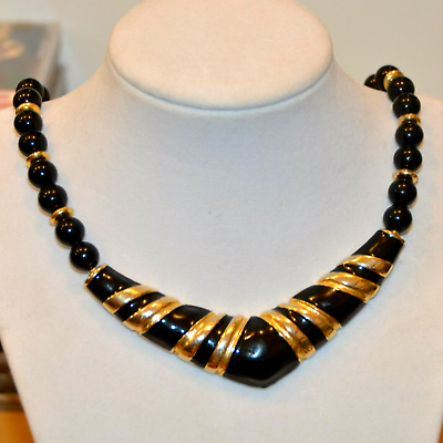 #ad vintage large black enamel gold stripe beaded necklace retro 1980#x27;s 80#x27;s 1980 $17.99