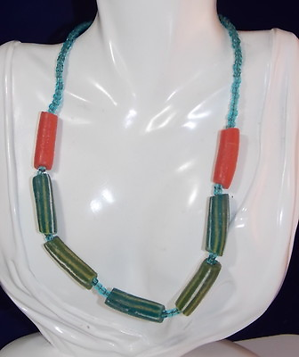 #ad African Trade Beads Strand Glass Green Aqua Coral 17quot; Necklace 2d 73 $76.49