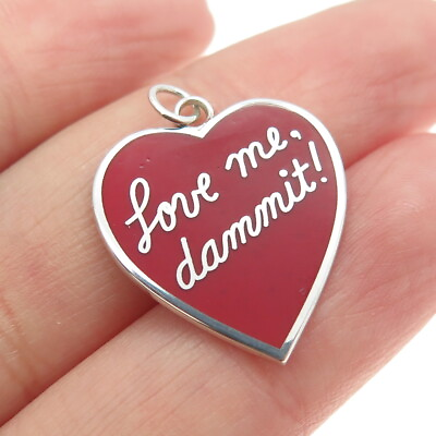 #ad 925 Sterling Silver Red Enamel quot;Love Me Dammit quot; Heart Tag Pendant $39.95