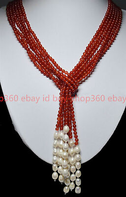 #ad 50quot; Long Charming 3 Strands 4mm Red Jade Gems amp; White Pearl Necklaces AAA $12.31