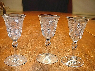 #ad 3 Crystal Cordial Glasses With Wonderful Cut Flowers Motif $28.79