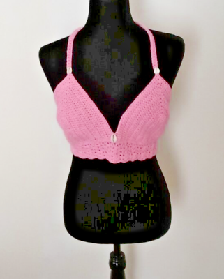 #ad Halter Top Crochet Bralette Size L Cotton Yarn Pink with Cowrie Shell Festival $15.99