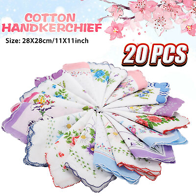 20X Lady Handkerchiefs 100% Cotton Soft Hankies Pocket Vintage Flower Gift Women $13.98