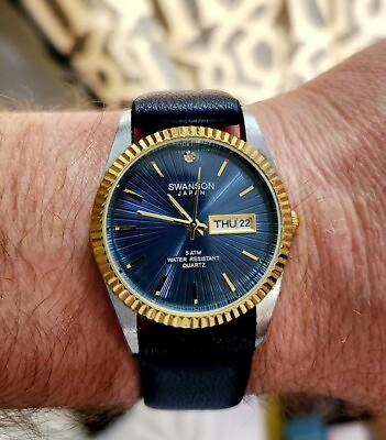 #ad Swanson Analog Men#x27;s Watch Blue Gold Silver Day Date Blue Leather Band $45.00