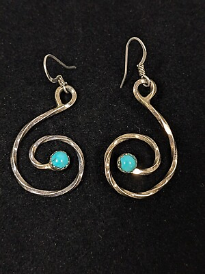 #ad MG Sterling Silver 925 Blue Turquoise Stone Spiral Dangle Pierced Earrings $17.49
