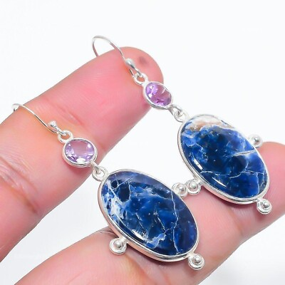 #ad Natural Sodalite Gemstone Drop Dangle Earrings 925 Sterling Silver Jewelry $12.99