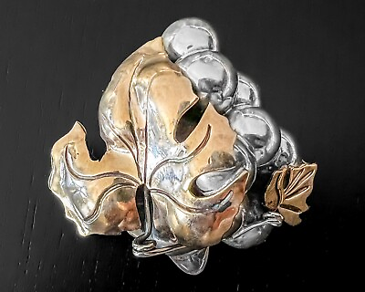 #ad 20g Copper Sterling Silver Heavy Big Grape Leaf Design Vtg Modernist Pin Brooch $50.00