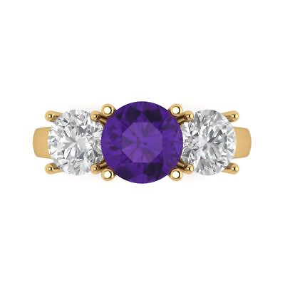 #ad 3.25ct Round 3 stone Real Amethyst Promise Bridal Wedding Ring 14k Yellow Gold $313.60