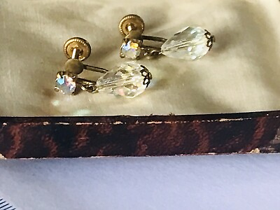 #ad Vintage C1950s Screw On AB Crystal Glass Teardrop Drop Dangle Earrings Art Deco GBP 22.00