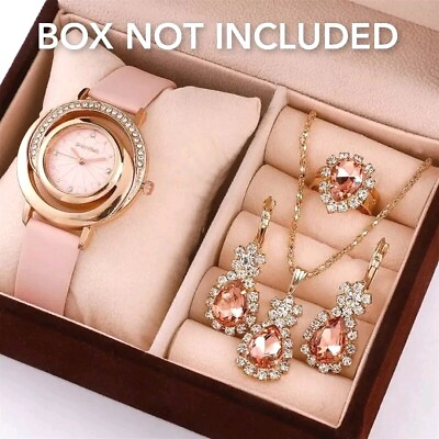 #ad Watch Gift Set for Women 5 Piece Pink Champagne Crystal Earrings Necklace Ring GBP 6.99