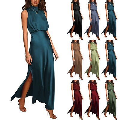 #ad Women Summer Long Formal Satin Dress Mock Neck Sleeveless Side Slit Flowy Dress $21.04