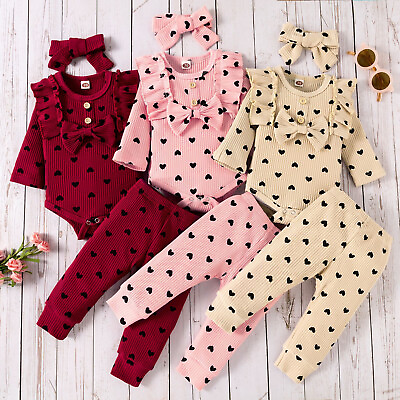 #ad Infant Baby Girls Heart Print Ribbed Bow Romper Tops Pants Headband Outfits $16.22