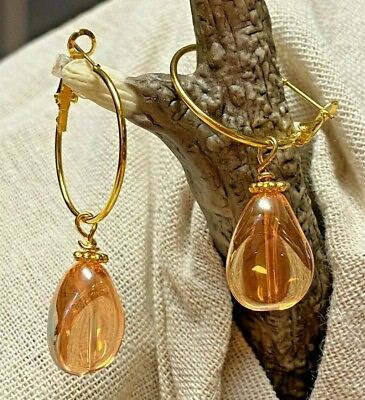 #ad Pretty Champagne Colored Glass Teardrop Gold Lever back Hoop Dangle Earrings 2quot; $7.99