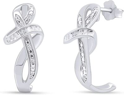 #ad Baguette amp; Round Natural Diamond Knot Design Half Hoop Earrings Sterling Silver $70.83