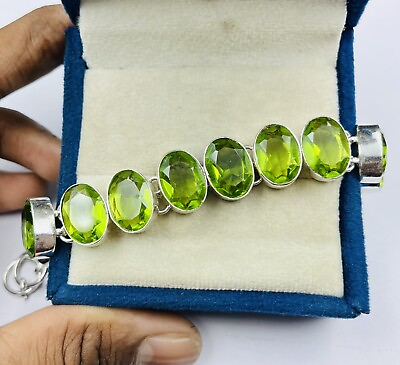 #ad 925 Sterling Silver Green Peridot Gemstone Handmade Jewelry Chain Bracelet $22.39