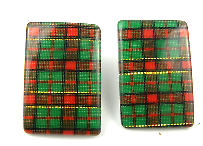 #ad Vintage Christmas Earrings Plaid Red Green Holiday Plastic Rectangle $5.00