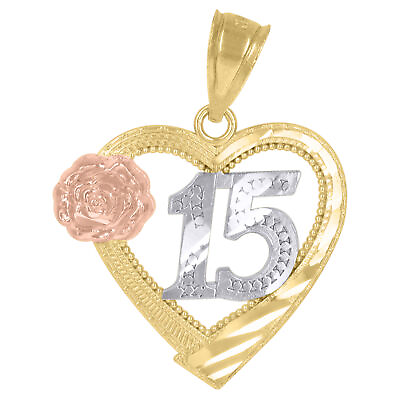 #ad 10kt Tri Color Gold Textured Sweet 15 Anos Quinceanera Heart Charm Pendant $118.90