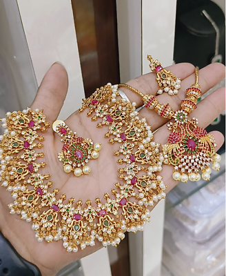 Indian Bollywood Style Gold Plated Choker Necklace CZ Pendent Ruby Jewelry Set $99.00