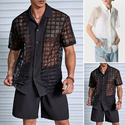 #ad INCERUN Mens Buttons Short Sleeve Grid Sheer Tops Party Beach Loose Shirt Blouse $18.99