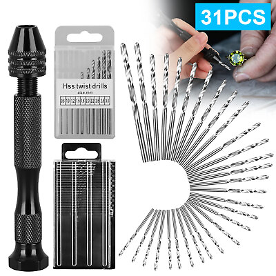 #ad 31Pcs Mini Micro Hand Drill Bits Set Small Manual Keyless Chuck Pin Vise Rotary $10.48