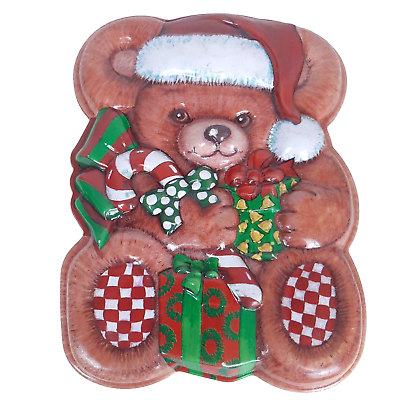 #ad Vintage Teddy Bear w Santa Hat Shaped Holiday Plastic Cookie Storage Container $12.99