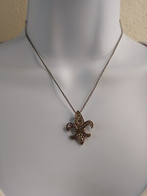 #ad Vintage Silver Tone Chain Necklace w Fleur de lis Pendant amp; Rhinestone Accent $20.00
