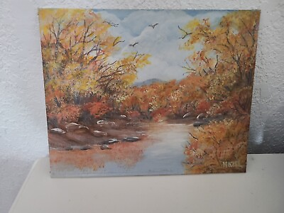 #ad Vintage Painting Autumn Woodland Stream Landscape River Artist Signed 8 x 10 $48.20