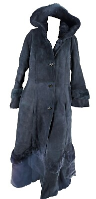 #ad 3442 Darkhan Minji Womens Dark Blue Hooded Lamb Shearling Fur Coat M $289.99