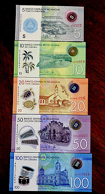 #ad Set of 5 Nicaragua 5 10 20 50 100 Cordobas UNC Banknotes 2014 2019 POLYMER $12.99