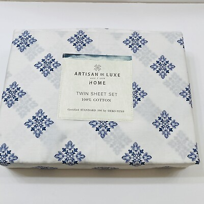 #ad New Artisan De Luxe 3 Piece Twin Sheet Set 100% Cotton White Blue Geometric $30.78