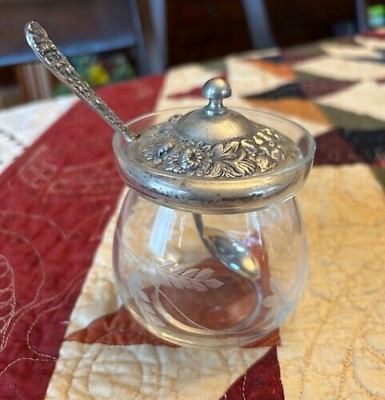 #ad Antique Silver Floral Etched Glass Jelly Jam Jar w Spoon $29.99