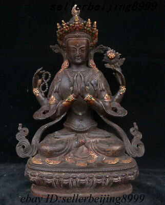 #ad 12quot; Tibetan Bronze Inlay Gem 4 Arms Chenrezig Goddess Buddha Boddhisattva Statue $331.50