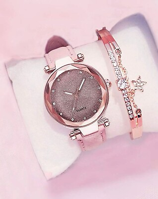 #ad #ad Watch Gift Set for Women Ladies Pink Gold Rhinestone WATCH BRACELET FREE Pamp;P GBP 7.99