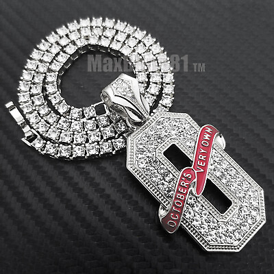 #ad Hip Hop Silver Plated OVO O Pendant Full Iced 1 ROW Simulated Diamond Chain Set $27.99
