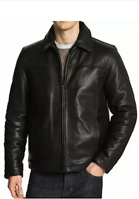 #ad Men#x27;s Genuine Leather Jacket Flight Bomber Coat Black Lined $98.39