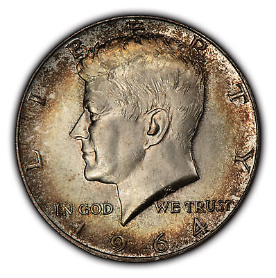 #ad 1964 50c Kennedy Silver Half Dollar Speckled Rim Toning Frosty BU H2463 $39.00