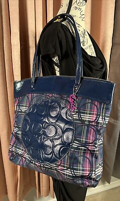 #ad COACH TOTE Blue Multi Color Patent Leather canvas Shoulder Bag Monogram EUC $49.00