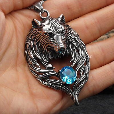 #ad Mens Stainless Steel Turquoise Wolf Head Pendant Necklace For Men Women Gift $7.99