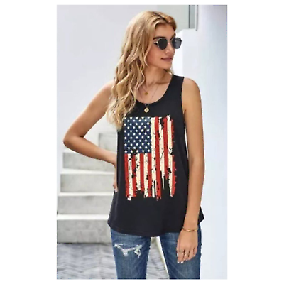 #ad Women#x27;s American Flag Dark Grey Tank Top Soft Sleeveless Shirt Size Small S $22.49