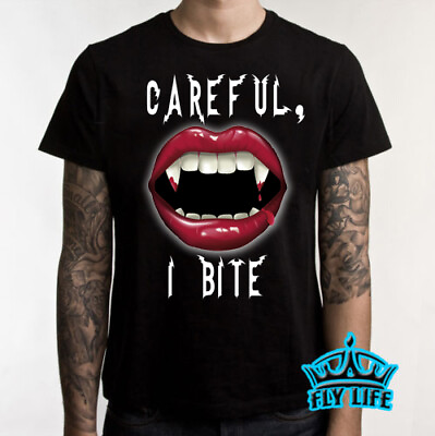 #ad Careful I BITE Shirt Holloween t shirt lips fangs Tee girl vampire T Shirt d61 $15.99