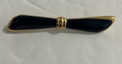 #ad VTG Monet Black Enamel Bow Bar Brooch Pin Gold Tone 2.5” $10.00