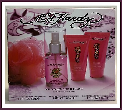 #ad #ad Ed Hardy Love Kills Slowly Gift Set W Perfume Lotion Body Wash Pouf NIB A76 $24.99