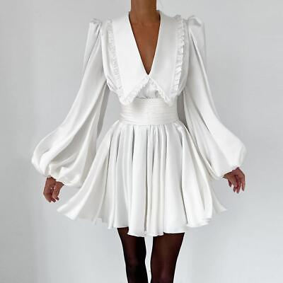 #ad Womens Elegant Satin V Neck Long Puff Sleeves Slim Party Tutu High Waist Dress $29.99