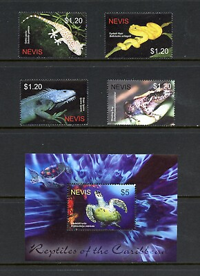 #ad R3520 Nevis 2005 snakes frogs turtles set amp; sheet MNH $3.98
