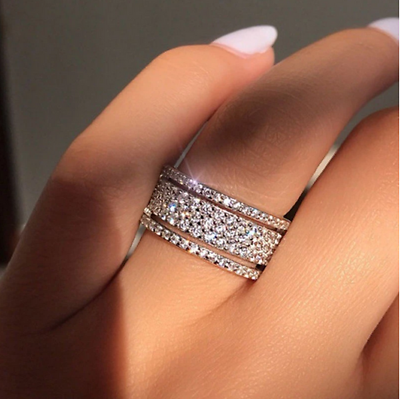 #ad Elegant Three Layer Band In 925 Sterling Silver With Round Cut CZ Wedding Band $210.00