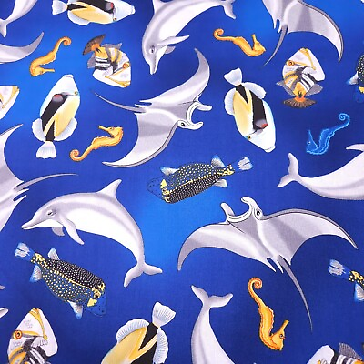 #ad Tropical Breeze BTY Studio 8 Quilting Treasures Fish Dolphin Navy Blue $7.99