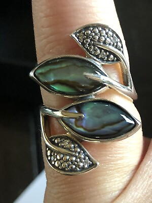 #ad 925 Sterling Silver Genuine Abalone Leaf Ring by Avon Size 5 New In Gift Box $19.99