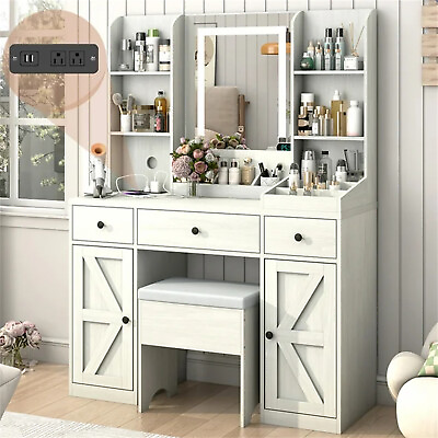 #ad 43quot; Large Farmhouse LED Vanity Table Makeup Desk with Mirror Lights and Outlet $294.49