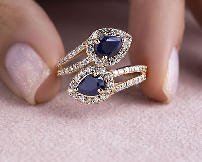 #ad Blue Sapphire Pear Shape amp; Natural Diamond F G VS SI 1.85 Ct 14k Rose Gold Ring $841.26
